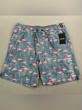 HURLEY MENS FLAMINGO FERN VOLLEY LINED SWIM TRUNKS